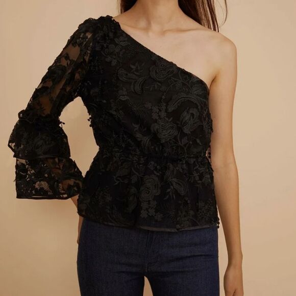 Cynthia Rowley Black lace Beatrix one shoulder ruffle sleeve blouse - Picture 1 of 8